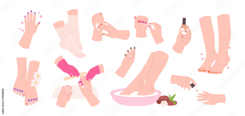Pedicure and manicure. Hands and feets care procedures. Beauty salon professionals work process. Female hand with nail art, racy vector elements