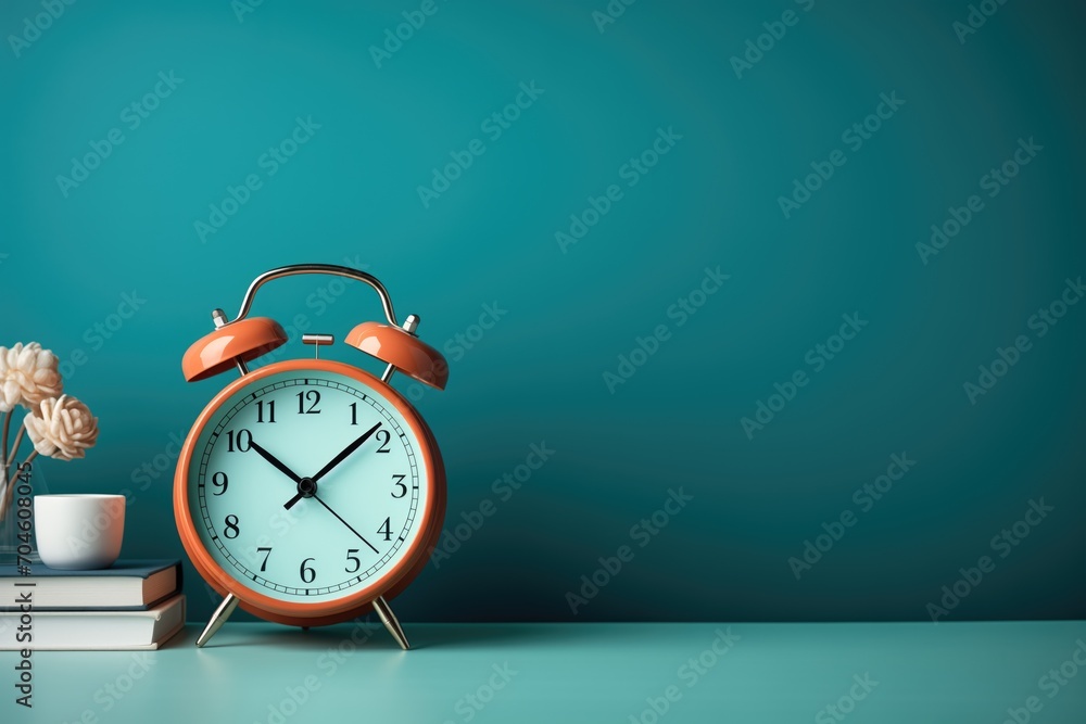 orange alarm clock on table with copy space, minimal blue background, Generative AI orange alarm clock on table with copy space, minimal blue background, Generative AI