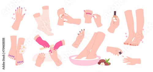 Pedicure and manicure. Hands and feets care procedures. Beauty salon professionals work process. Female hand with nail art, racy vector elements