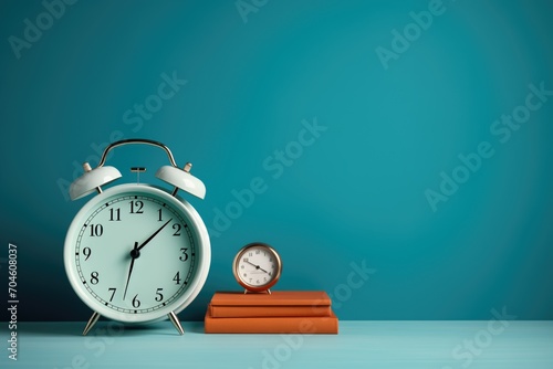alarm clock on table with orange book, copy space, minimal blue background, Generative AI