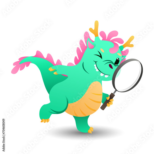 cute cartoon little dragon looking for items with a magnifying glass on white background. funny fabulous animal in search. vector cartoon character illustration.