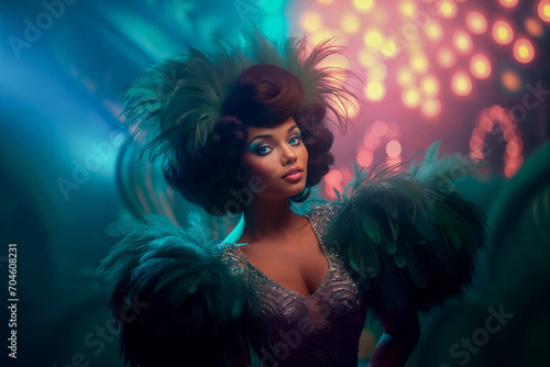 Stunning African American flapper woman dressed in cabaret fashion, enveloped by feathers and dramatic scenic lights, evoking the spirit of the roaring twenties.