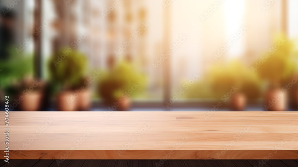 sleek wooden surface ready to hold a product, set against the soft blur of a modern workspace bustling in the background