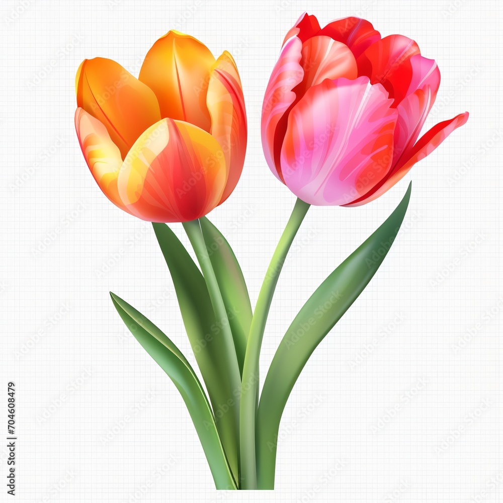 Naklejka premium Two tulips with green leaves on white background