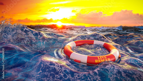 Rettungsring rund treibt in stürmischer See bei Sonnenuntergang - Live Rescue photo