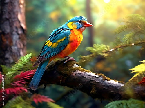 colorful bird sits on a branch in the forest