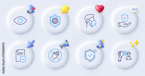 Shield, Insurance hand and Insurance policy line icons. Buttons with 3d bell, chat speech, cursor. Pack of Coronavirus protection, Medical mask, Electronic thermometer icon. Vector