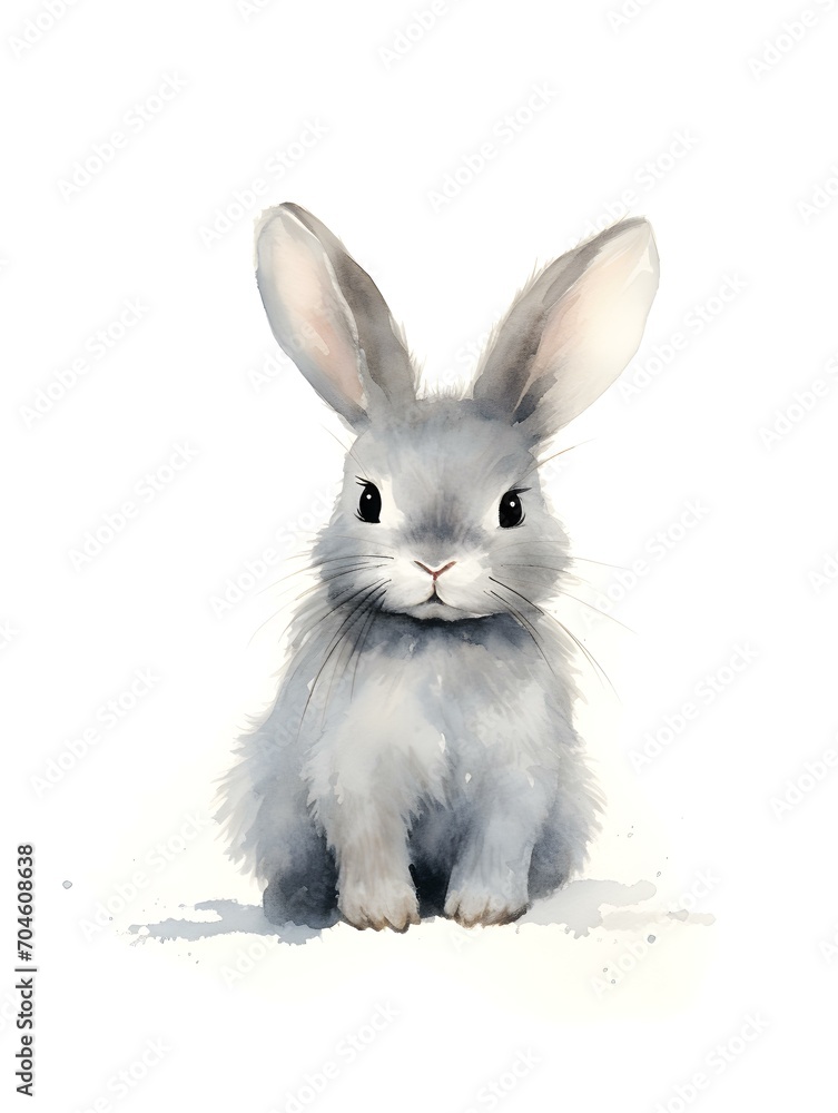 Watercolor Drawing of a anthracite Bunny on a white Background. Easter Card Template with Copy Space