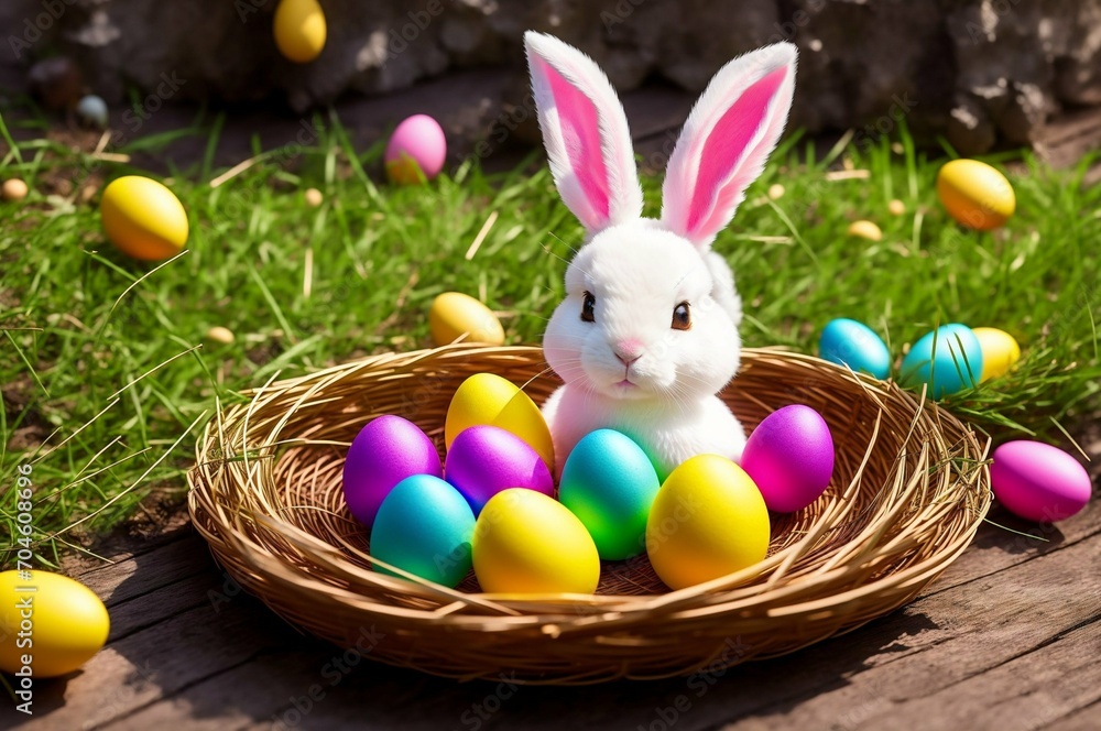 Easter bunny and colorful eggs in a basket on green grass.