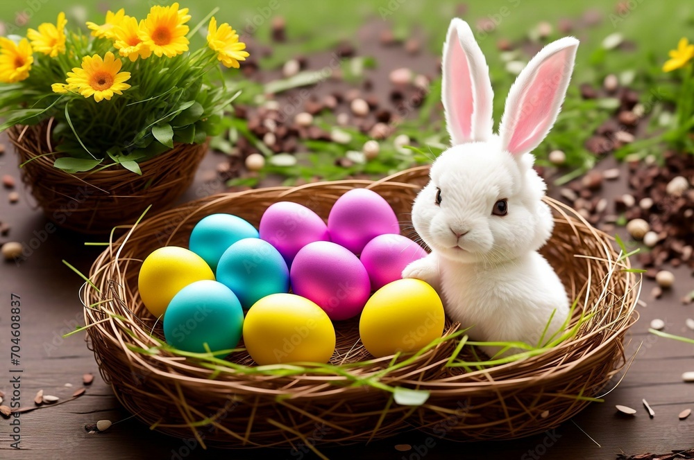 Easter bunny and colorful eggs in a basket on green grass. Easter bunny and colorful eggs in a basket on green grass.
