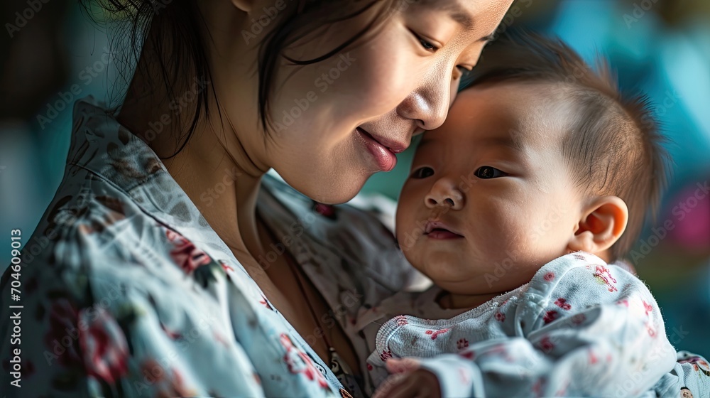 Young Asian woman tenderly hugs her newborn baby. Young Asian woman tenderly hugs her newborn baby.