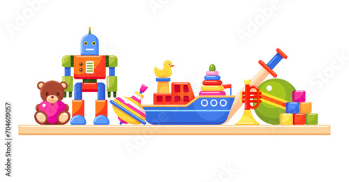 Kids toys for child game on shelf in nursery room. Bear, ball, robot, blocks, ship, spinning top, musical trumpet, toy pyramid, sword and rubber duck. Vector flat cartoon isolated illustration