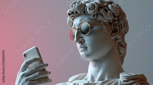 Greek style male sculpture, he is fashionable with sunglasses, and a phone in his hand