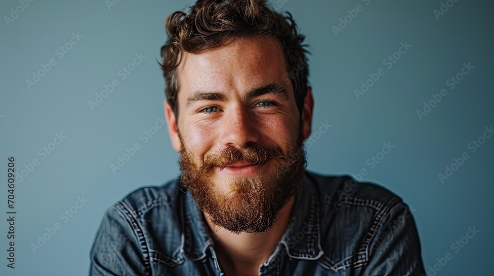 Portrait, happy caucasian man on blue plain background Portrait, happy caucasian man on blue plain background