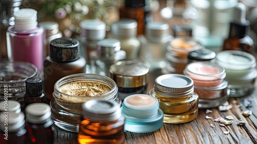 Jars with creams, powders and makeup utensils.