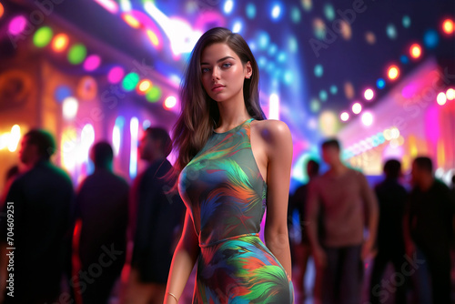 Glamorous young woman at a summer party, bathed in the glow of neon lights, embodying the excitement and allure of vacation nightlife.