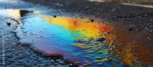 Rainbow gasoline leak on wet pavement