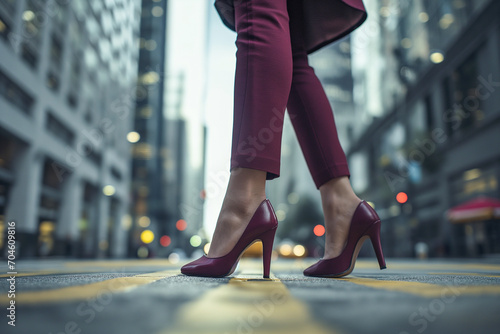Confident businesswoman in stylish maroon high heels crossing a bustling city street  a close-up symbolizing power and professionalism in an urban setting.