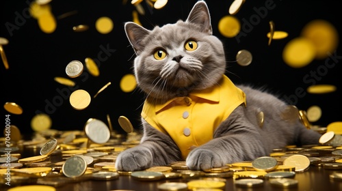 A gray cat wearing a yellow shirt is sitting on a pile of gold coins and looking up at more falling coins photo