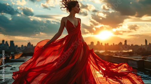 Portrait of a woman in dress - Urban Elegance: High Fashion Couture on a Rooftop Runway photo