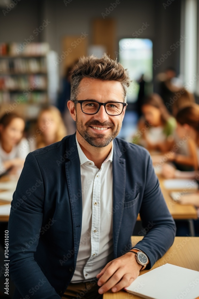 Fototapeta premium Confident male teacher sitting at his desk in classroom of students