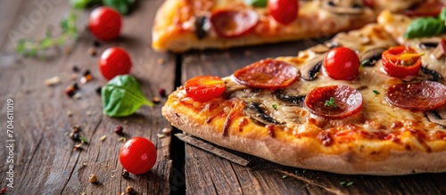Close-up slice of delicious Mediterranean pizza with mushrooms, cherry, and pepperoni on wooden table.