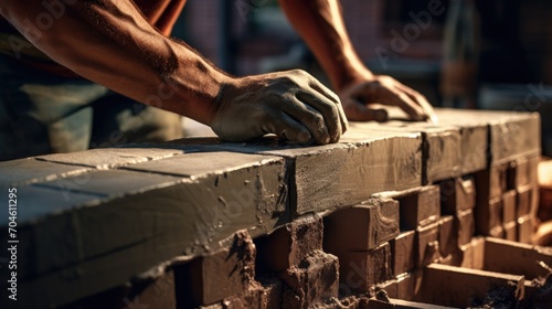 artistry of a dedicated worker as they lay bricks and cement, capturing the essence of craftsmanship in the construction industry photo