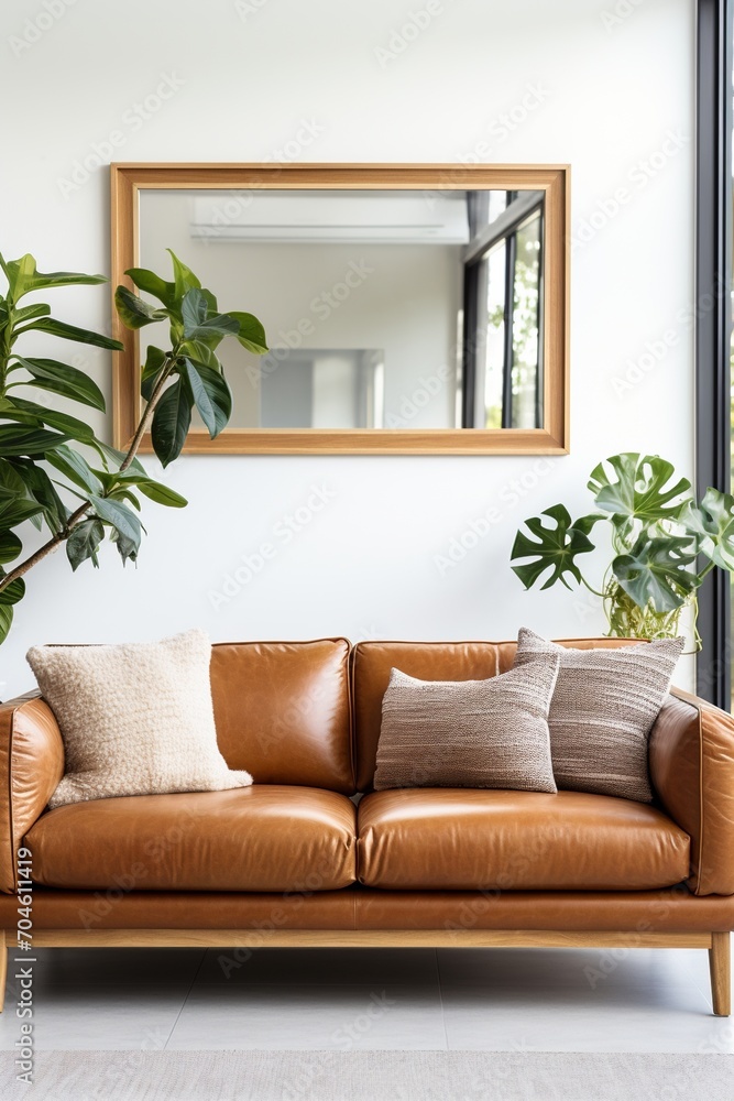 Naklejka premium brown leather sofa in a modern living room