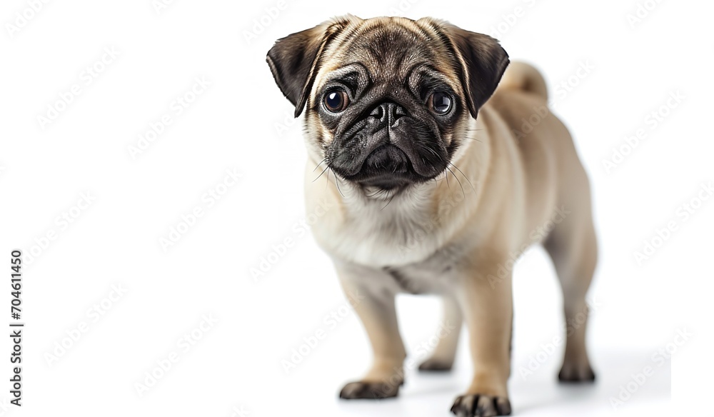 Pug dog standing up on a white background

