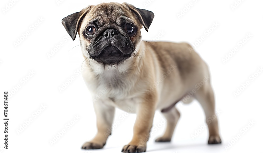 Pug dog standing up on a white background

