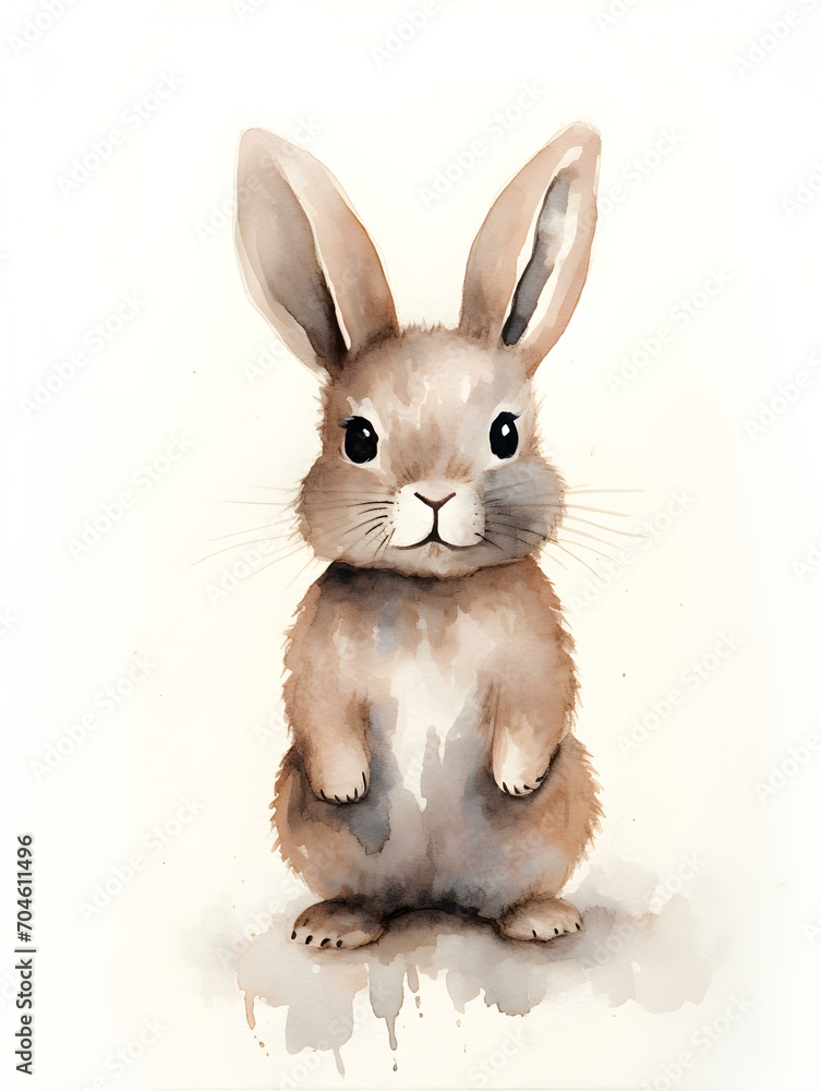Fototapeta premium Watercolor Drawing of a dark brown Bunny on a white Background. Easter Card Template with Copy Space