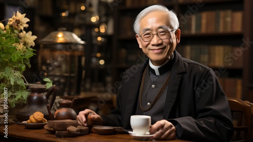 Portrait of a smiling elderly Chinese man in a black shirt holding a teacup photo