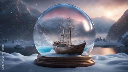 Fototapeta Naklejka Na Ścianę i Meble -  highly intricately detailed photograph of   Small boat  on  fjord   inside a snow globe  
