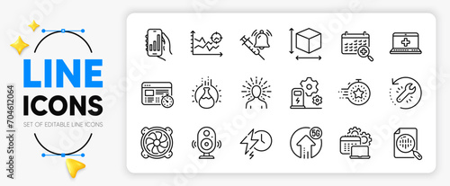 Vaccine announcement, Medical help and Timer line icons set for app include Web timer, 5g upload, Box size outline thin icon. Analytics chart, Analysis app, Seo analysis pictogram icon. Vector