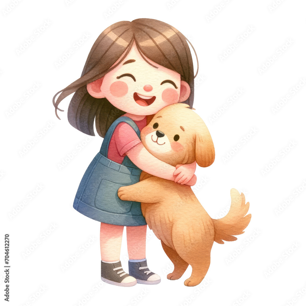 Watercolor cute girl hugging a dog. Valentine's element. Valentine's clipart. Watercolor cute girl hugging a dog. Valentine's element. Valentine's clipart.