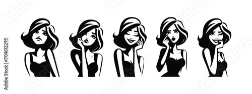 set of black and white of stylized woman. woman  illustration with different facial expression