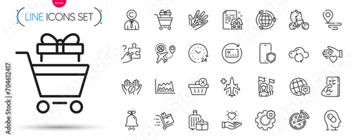 Pack of Cloud sync, Lease contract and Bell line icons. Include Trade chart, Place, Bike timer pictogram icons. Cogwheel, Depression treatment, Search puzzle signs. Inventory cart. Vector