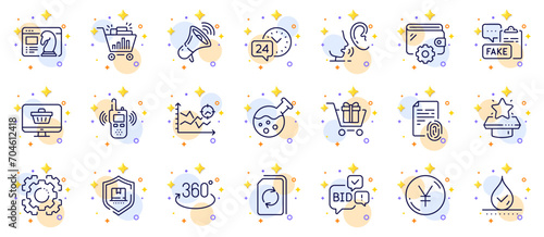 Outline set of Whisper, Wallet and Waterproof line icons for web app. Include Transmitter, Bid offer, Yen money pictogram icons. Web shop, Seo analysis, Full rotation signs. Vector