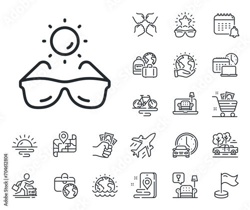 Sun eyewear sign. Plane jet, travel map and baggage claim outline icons. Sunglasses line icon. Protection glasses symbol. Sunglasses line sign. Car rental, taxi transport icon. Place location. Vector