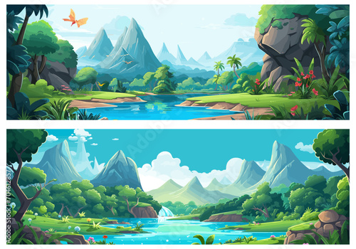 Beautiful nature world background. Wood coastline with mountains waterfall clouds and lush green vegetation landscape, fantastic fairy-tale forest vector image