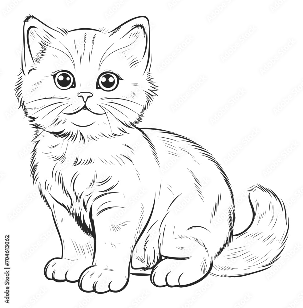 Domestic kitten sketch. Small fluffy cat with big eyes black graphic hand drawing, front side engraved kitty vector illustration