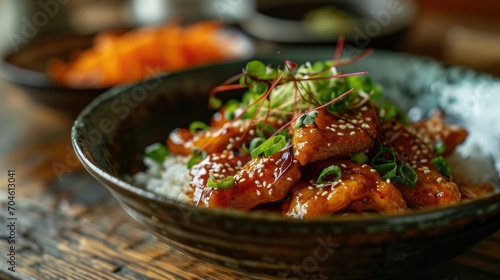 Fototapeta Naklejka Na Ścianę i Meble -  Food photography, jeyuk bokkeum, Thinly sliced pork and onions served over rice. aromatic Korean cuisine.