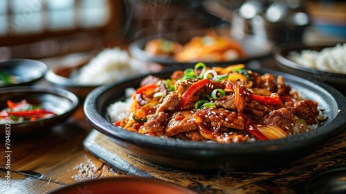Food photography, jeyuk bokkeum, Thinly sliced pork and onions served over rice. aromatic Korean cuisine. photo