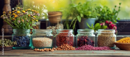 Food supplements and granules for homeopathy, with a panoramic view. photo