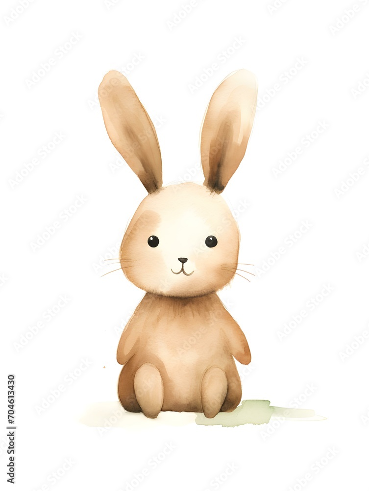 Obraz premium Watercolor Drawing of a khaki Bunny on a white Background. Easter Card Template with Copy Space