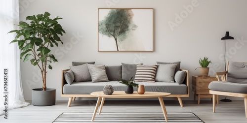 Elegant scandinavian living room with stylish gray sofa, black coffee table, modern art, plants, and personal accessories.