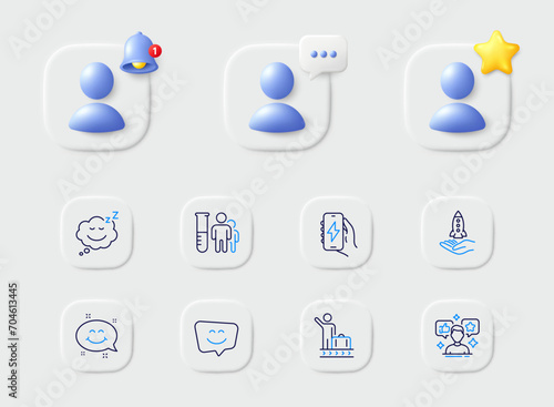Luggage belt, Smile face and Medical analyzes line icons. Placeholder with 3d star, reminder bell, chat. Pack of Charging app, Crowdfunding, Sleep icon. Smile chat, Social media pictogram. Vector