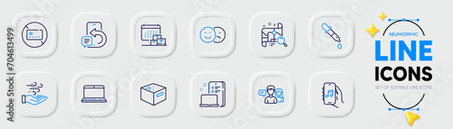 Chemistry pipette, People talking and Search map line icons for web app. Pack of Delivery calendar, Phone message, Notebook pictogram icons. Like, No card, Music app signs. Office box. Vector