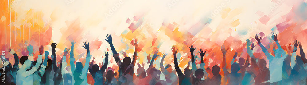 Silhouettes of people with hands up, colorful watercolor style - obrazy, fototapety, plakaty 