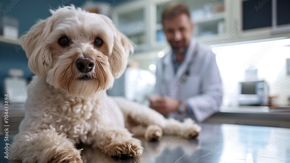 Maltese bichon dog lying on a table in a veterinary clinic. Poodle puppy and male vet doctor in a cabinet Maltese bichon dog lying on a table in a veterinary clinic. Poodle puppy and male vet doctor in a cabinet